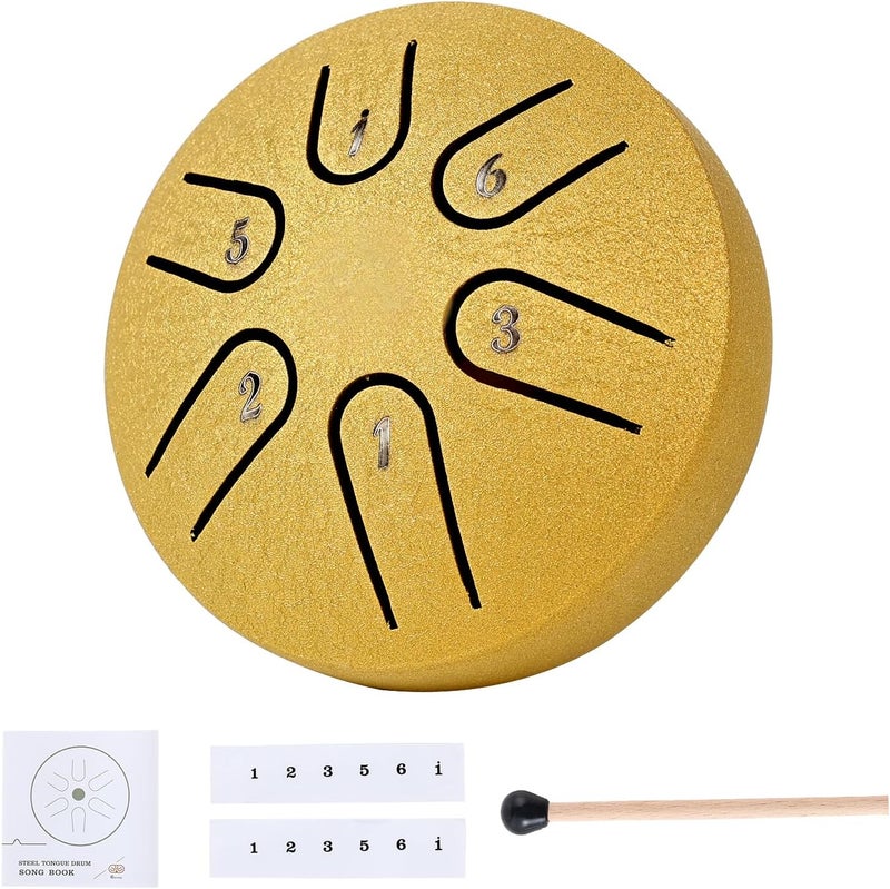 Yahpetes Steel Tongue Drum Musical Percussion Instrument Metal Rain Drum for Outside 3 Inch 6 Notes C-Key for Meditation Yoga Education Percussion with Bag, Music Book, Mallets (3"6 tone, Gold) - Image 1